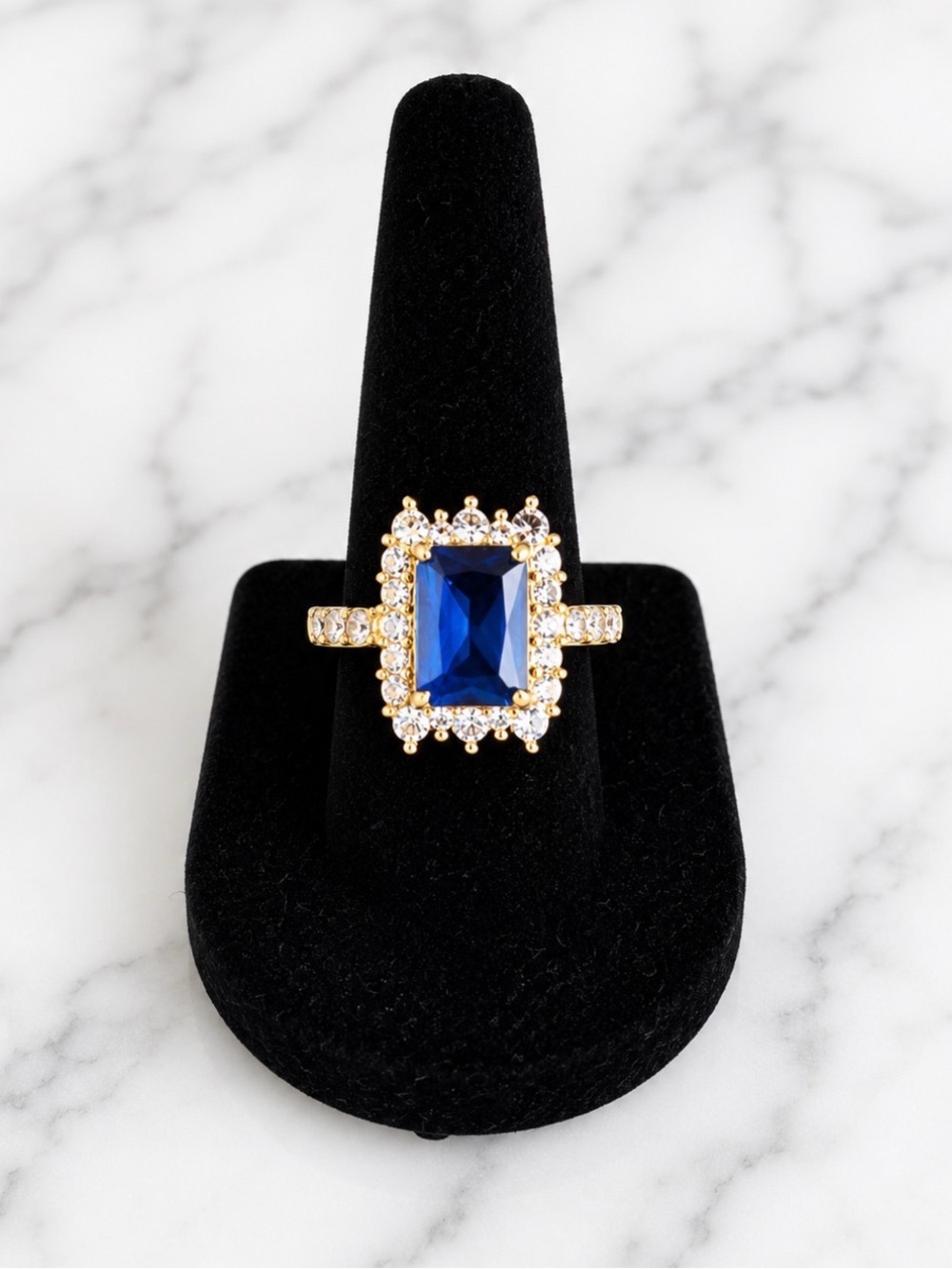 Gold-Plated Blue Center Stone with White Crystal Accent Stone Halo Ring